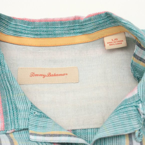 Tommy Bahama Men's Aloha Short Sleeve Button Up Shirt Linen Large Green Striped - Picture 5 of 7